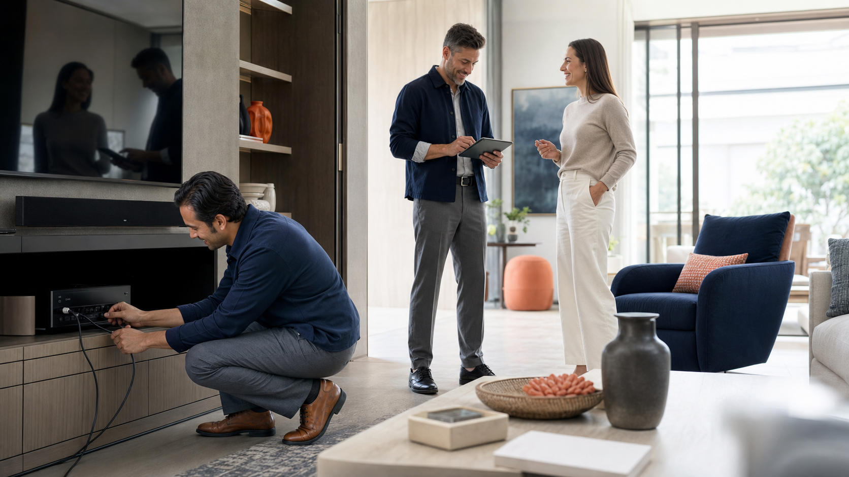 Home technology professionals working with care in a bright living room