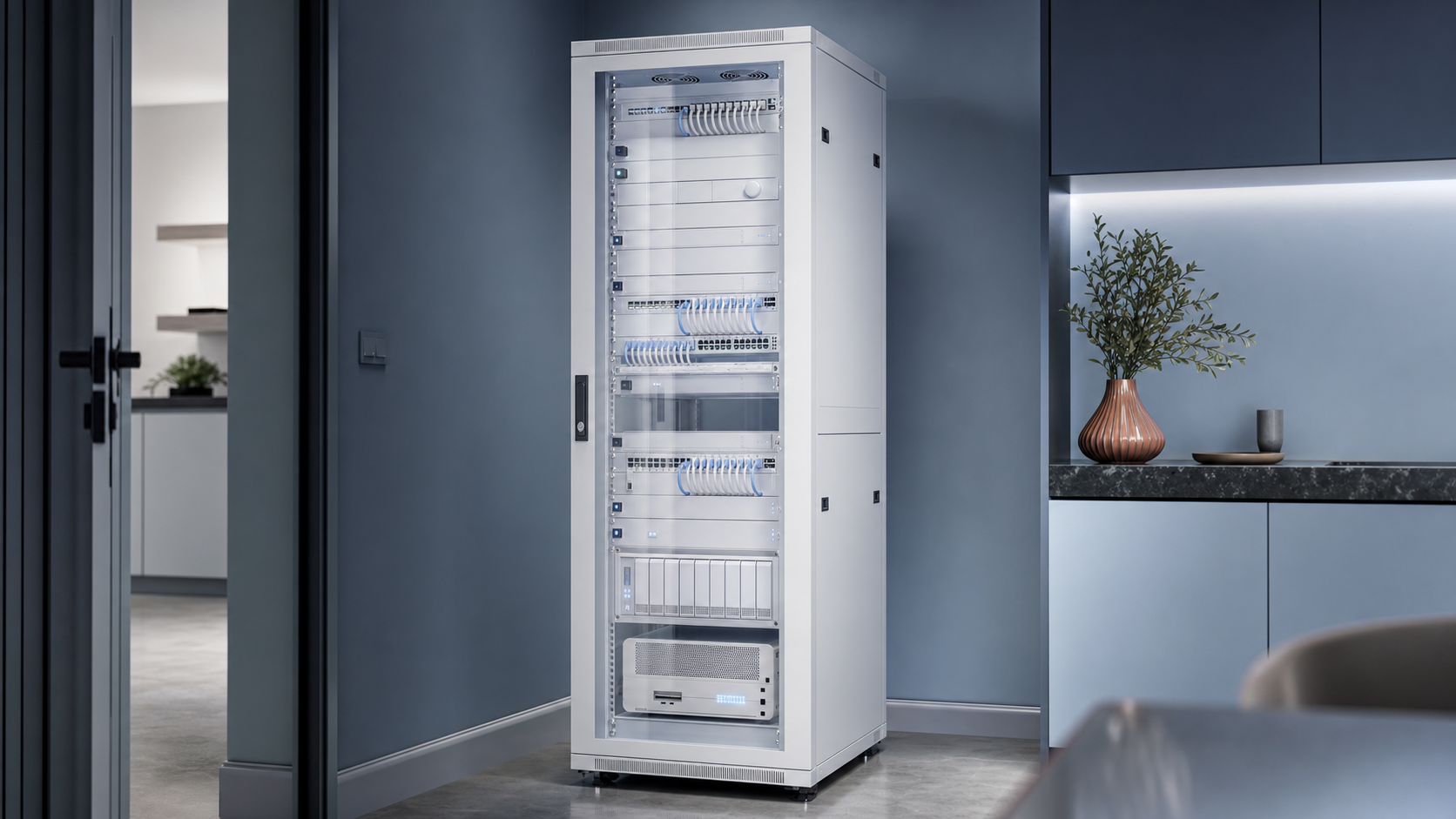 A refined white home network rack with neatly installed silver equipment and precise cable management